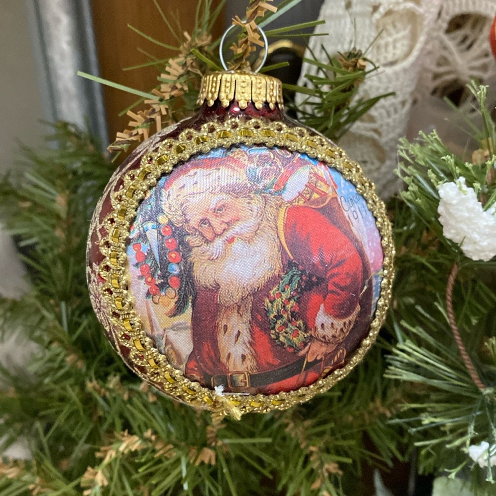Vintage 1997 Christmas Ornament Krebs Santa On Silk Hand Blown Glass Germany